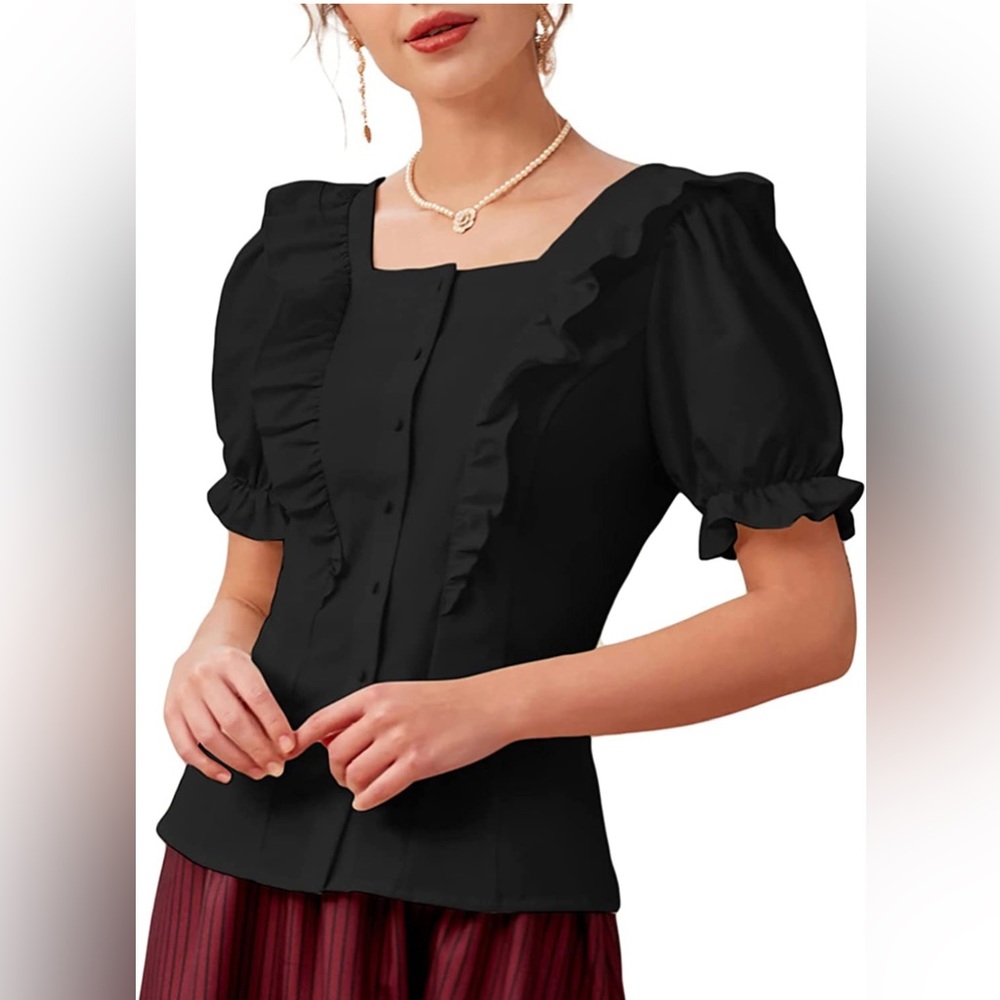 NWT - XL - Women Victorian Puff Sleeve Tops Vintage Ruffled Button Down Blouse